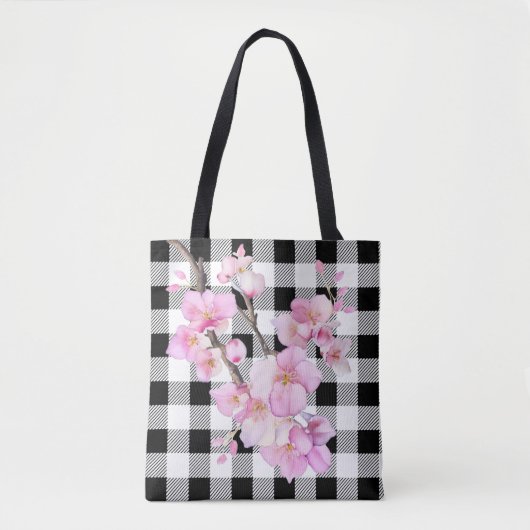 Elegante roze kersenbloesems zwart wit gingham tote bag (Voorkant)