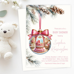 Elegante Roze Kerstbal Baby Shower Kaart