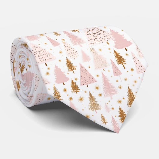 Elegante Roze Kerstbomen Patroon Stropdas (Opgerold)