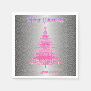 Elegante Roze Kerstboom Zilveren Naam Ornamenten Servet
