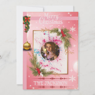 Elegante roze kerstkaart met aangepaste fotolijst kaart