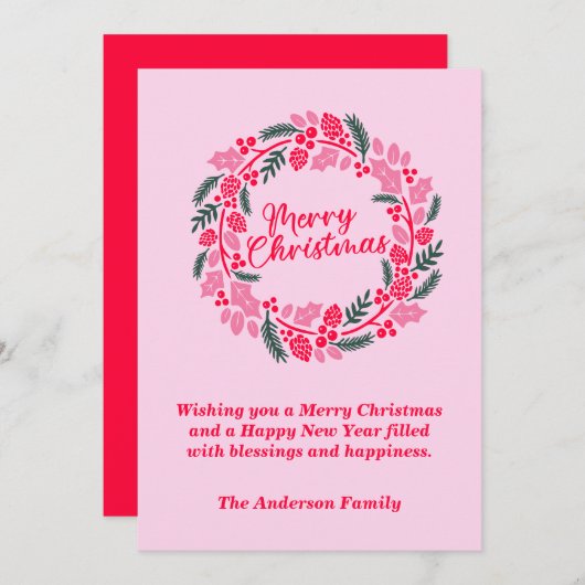 Elegante roze kerstkrans feestdagenkaart (Voorkant / Achterkant)