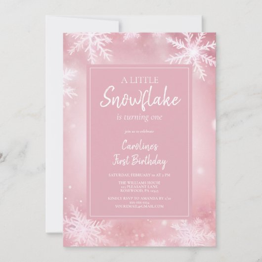 Elegante roze kleine sneeuwvlok meisje eerste verj kaart (Voorkant)