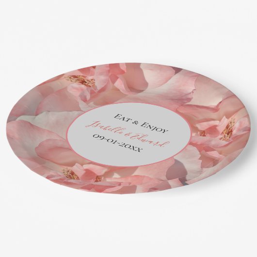 Elegante Roze Koraal Roos Afbeelding bruiloft Papieren Bordje (Gekanteld)