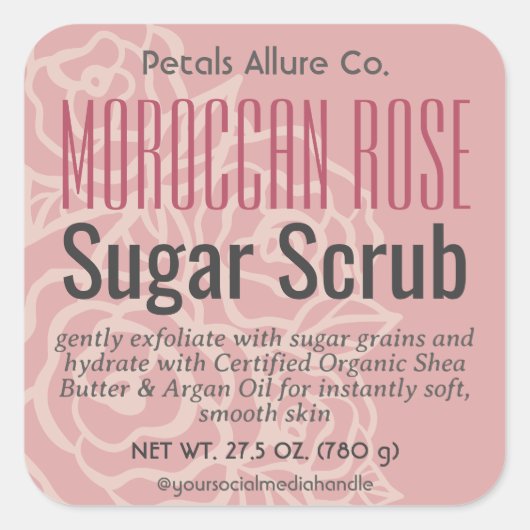 Elegante Roze Koraal Roze Bloemen Suiker Scrub Lab Vierkante Sticker (Voorkant)