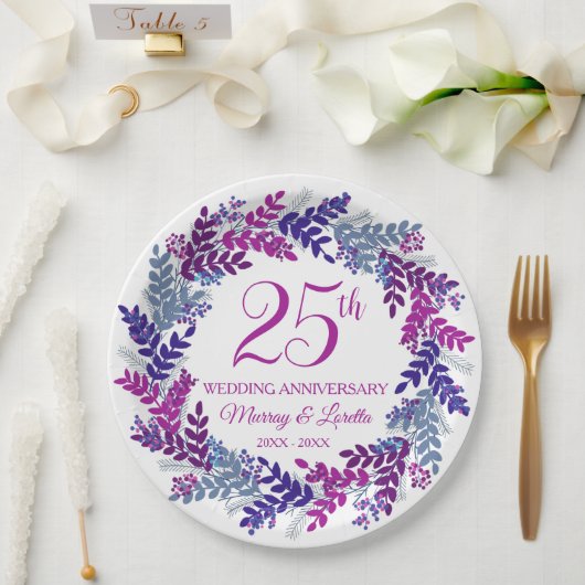 Elegante Roze Krans 25e Jubileum Party Papieren Bordje (Huwelijk)