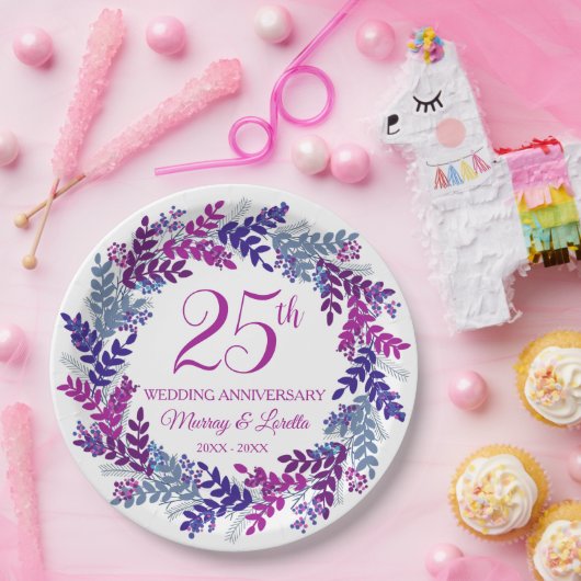 Elegante Roze Krans 25e Jubileum Party Papieren Bordje (Feest)