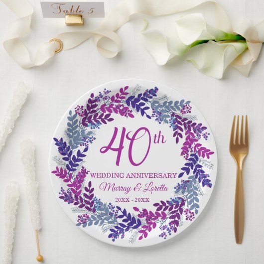 Elegante Roze Krans 40e Jubileum Party Papieren Bordje (Huwelijk)