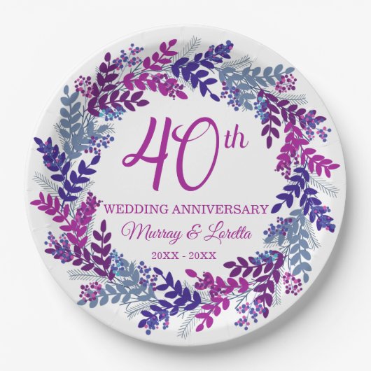 Elegante Roze Krans 40e Jubileum Party Papieren Bordje (Voorkant)