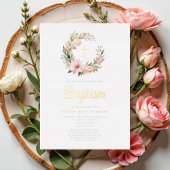 Elegante Roze Krans Meisje Doop Goud Folie Uitnodiging