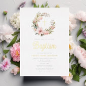 Elegante Roze Krans Meisje Doop Goud Folie Uitnodiging