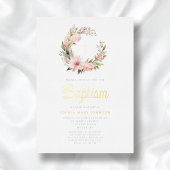 Elegante Roze Krans Meisje Doop Goud Folie Uitnodiging