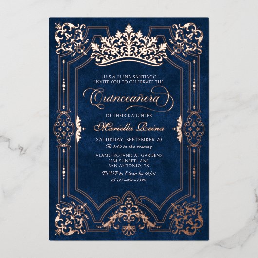 Elegante roze kroon Tiara Quinceanera Folie Uitnodiging (Voorkant)