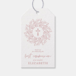 Elegante roze kruis meisje eerste communie favor cadeaulabel