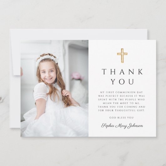 Elegante Roze Kruis Meisje Foto Eerste Communie Bedankkaart (Voorkant)
