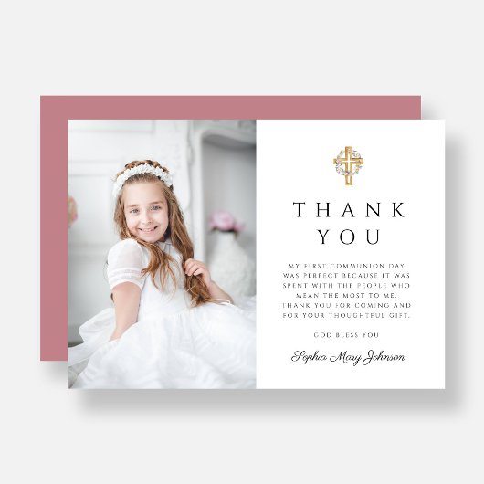 Elegante Roze Kruis Meisje Foto Eerste Communie Bedankkaart