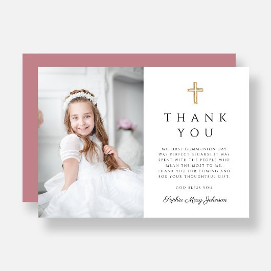 Elegante Roze Kruis Meisje Foto Eerste Communie Bedankkaart