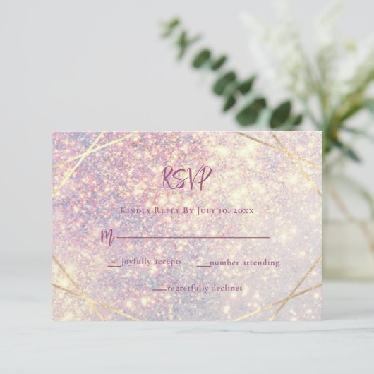 Elegante roze lavendel glitter sparkle bruiloft RSVP kaartje (Staand voorkant)