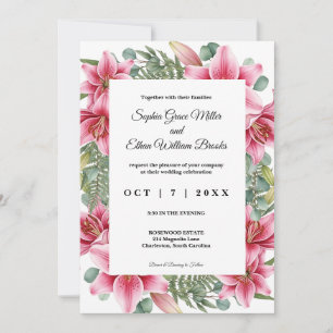 Elegante Roze Lelie Bloemige Eucalyptus Bruiloft Kaart
