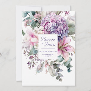 Elegante Roze Lelie Paarse Hortensia Aquarel Kaart