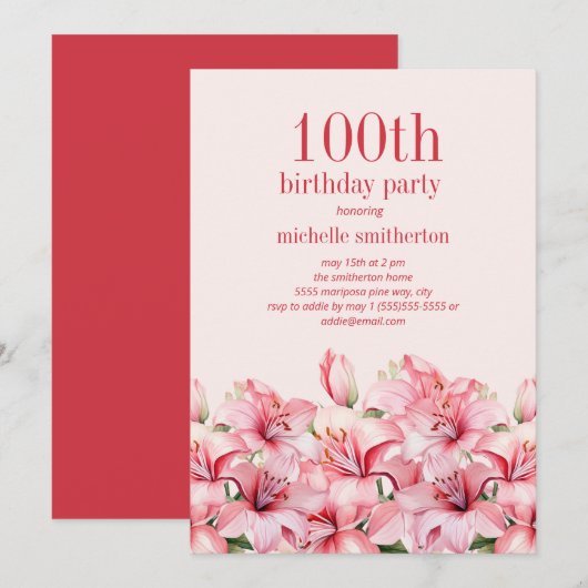 Elegante roze lelies 100ste verjaardag kaart (Voorkant / Achterkant)