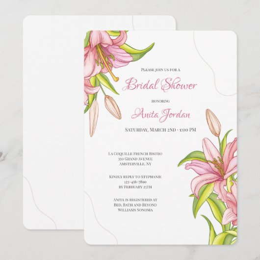 Elegante Roze Lelies Uitnodiging (Voorkant / Achterkant)