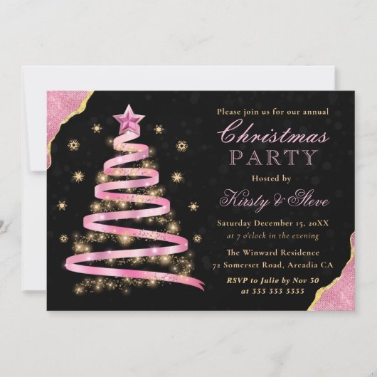 Elegante Roze Lint Boom Kerstfeest Kaart (Voorkant)