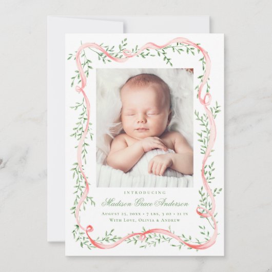 Elegante Roze Lint Groene Foto Geboorte Aankondiging (Voorkant)