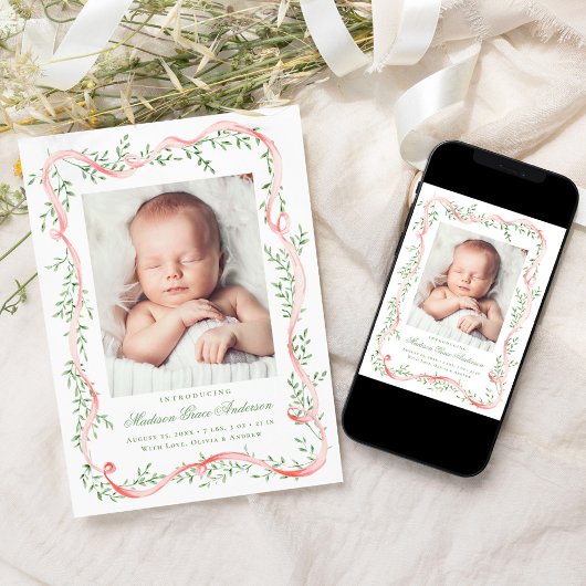 Elegante Roze Lint Groene Foto Geboorte Aankondiging