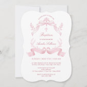Elegante Roze Lintjes Doop Uitnodiging (Voorkant)