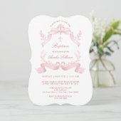 Elegante Roze Lintjes Doop Uitnodiging (Staand voorkant)