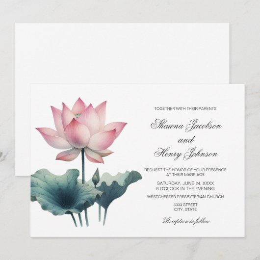 Elegante Roze Lotus Bloem Huwelijksuitnodiging Kaart (Voorkant / Achterkant)