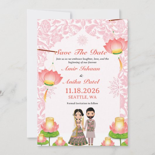 Elegante Roze Lotus Lantaarns Bruiloft Save The Date (Voorkant)