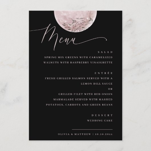 Elegante roze maan | Black Celestial Wedding Dinne Menu (Voorkant)