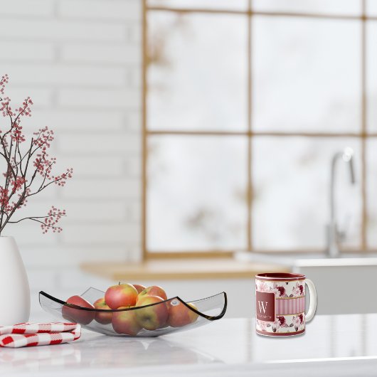Elegante Roze Magenta Bloemen Streep Monogram Cust Mok