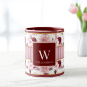 Elegante Roze Magenta Bloemen Streep Monogram Cust Mok