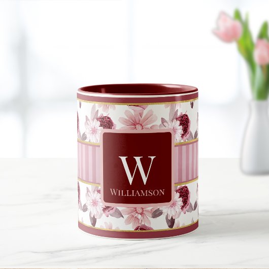 Elegante Roze Magenta Bloemen Streep Monogram Cust Mok
