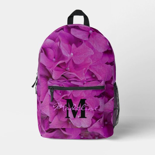 Elegante roze magenta bloemenmonogram kalligrafie bedrukte rugzak (Voorkant)