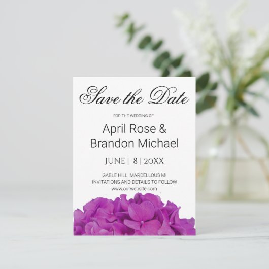 Elegante roze magenta floral hortensia rozen save the date (Staand voorkant)