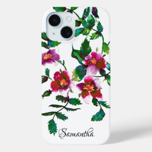 Elegante roze magenta waterverf bloemenrozen iPhone 15 case