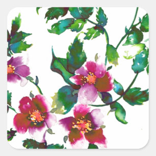 Elegante roze magenta waterverf bloemenrozen vierkante sticker