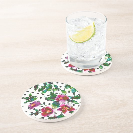 Elegante roze magenta waterverf rozen polka dots zandsteen onderzetter (Zijkant)