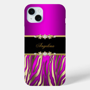 Elegante Roze Magenta Zebra Zwart Goud iPhone 15 Mini Hoesje