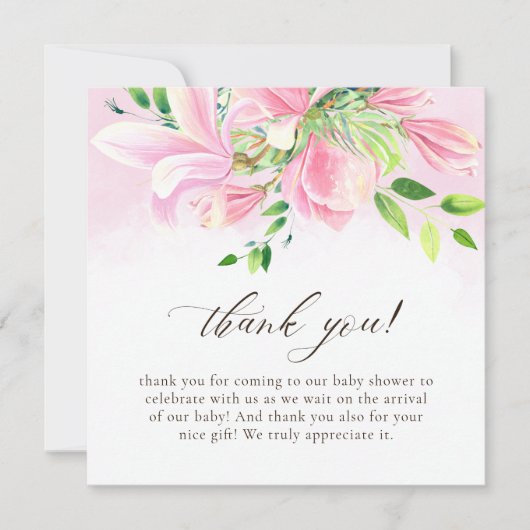 Elegante Roze Magnolia Aquarel Baby Douche Bedankkaart (Voorkant)
