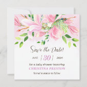 Elegante Roze Magnolia Aquarel Baby Douche Save The Date (Voorkant)
