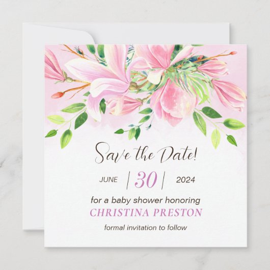 Elegante Roze Magnolia Aquarel Baby Douche Save The Date (Voorkant)