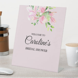 Elegante Roze Magnolia Aquarel Bruidsdouche Reclamebord Met Voetstuk