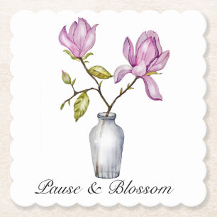 Elegante Roze Magnolia Aquarel in Glazen Vaas Kartonnen Onderzetters