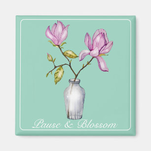 Elegante Roze Magnolia Aquarel in Glazen Vaas Magneet