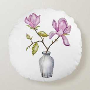 Elegante Roze Magnolia Aquarel in Glazen Vaas Rond Kussen